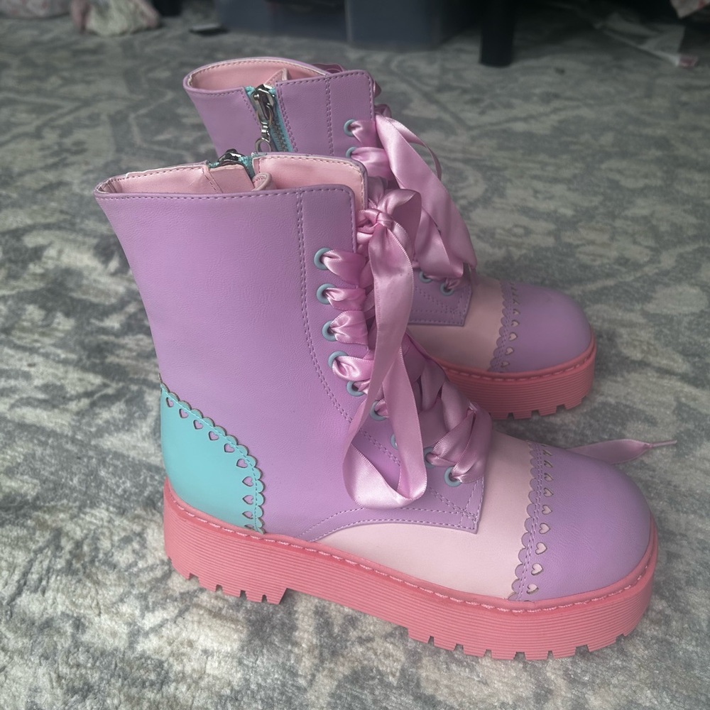 NWOT Sugar Thrillz Bubblegum Pink and Purple Combat Moto Boots with Chunky Soles